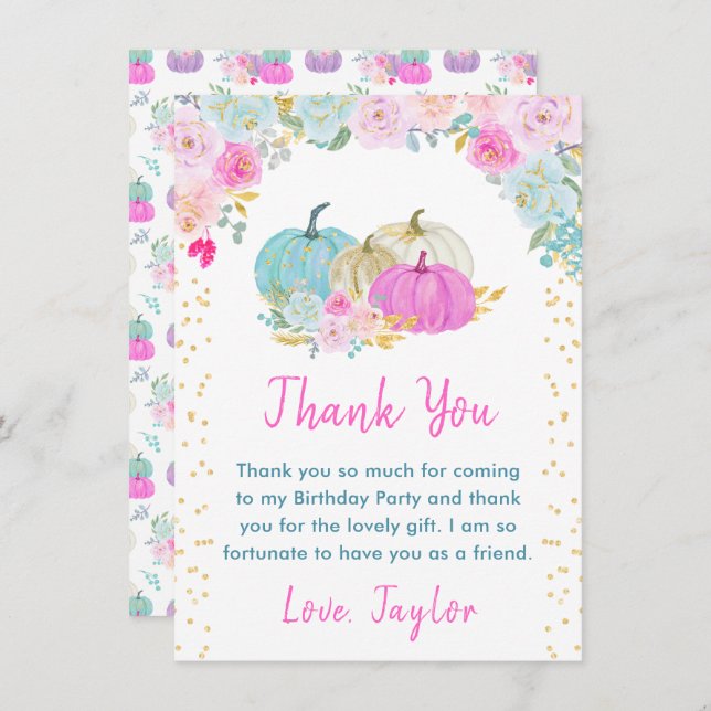 Pastel Pumpkins Floral Birthday Party Thank You Card (Front/Back)