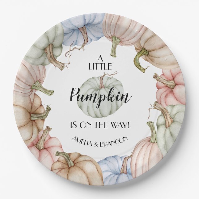 Pastel Pumpkins Gender Neutral Baby Shower Paper Plates (Front)