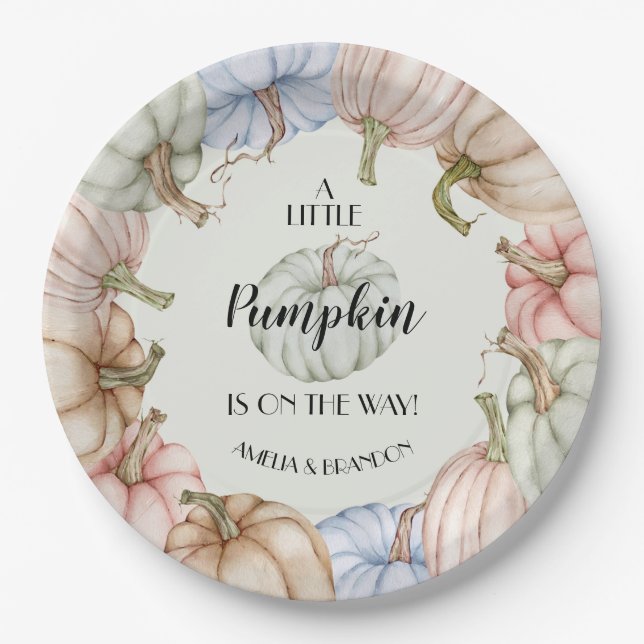 Pastel Pumpkins Gender Neutral Baby Shower Paper Plates (Front)