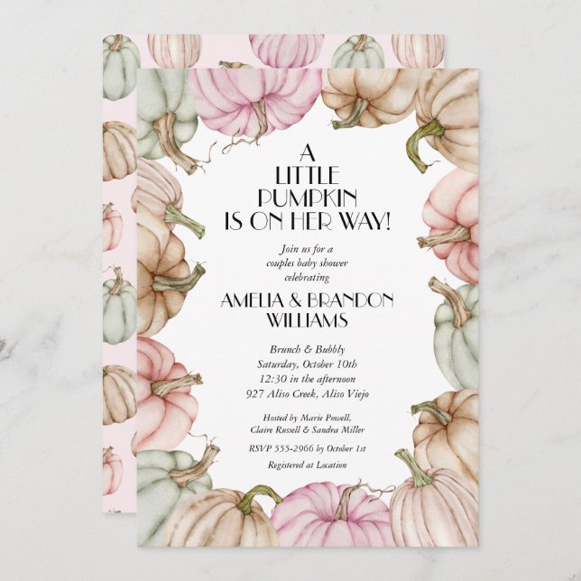 Pastel Pumpkins Girl Baby Shower Invitations (Front/Back)