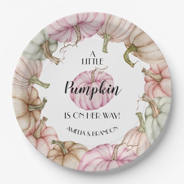 Pastel Pumpkins Girl Baby Shower Pink Paper Plates (Front)