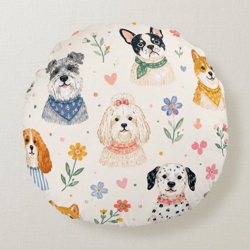 Pastel Puppy Seamless Pattern | Hand-Painted Dog  Round Pillow