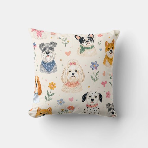 Pastel Puppy Seamless Pattern | Hand-Painted Dog Throw Pillow