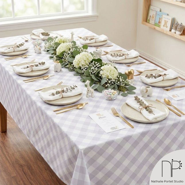 Pastel Purple and Gray Gingham Tablecloth (Pastel purple and gray checkered pattern tablecloth for baby showers and neutral party decor)