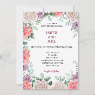 pastel purple and pink flowers in a wedding invitation
