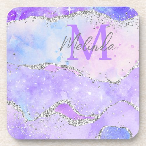 Pastel Purple and Silver Glitter Sequins Agate Beverage Coaster
