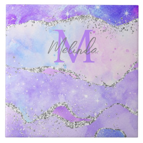 Pastel Purple and Silver Glitter Sequins Agate Ceramic Tile