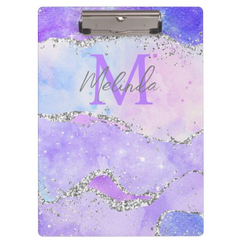 Pastel Purple and Silver Glitter Sequins Agate Clipboard