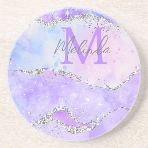 Pastel Purple and Silver Glitter Sequins Agate Coaster