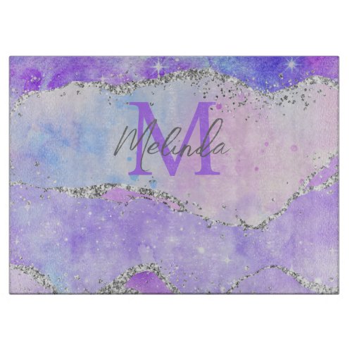 Pastel Purple and Silver Glitter Sequins Agate Cutting Board