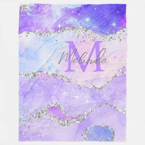 Pastel Purple and Silver Glitter Sequins Agate Fleece Blanket