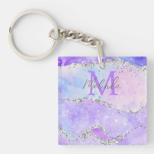 Pastel Purple and Silver Glitter Sequins Agate Keychain