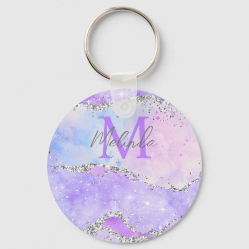 Pastel Purple and Silver Glitter Sequins Agate Keychain