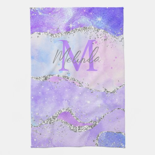 Pastel Purple and Silver Glitter Sequins Agate Kitchen Towel