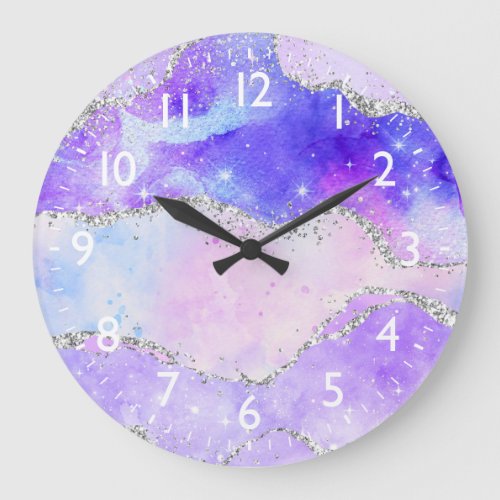 Pastel Purple and Silver Glitter Sequins Agate Large Clock