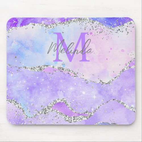 Pastel Purple and Silver Glitter Sequins Agate Mouse Pad