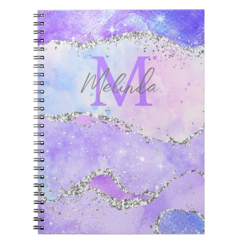 Pastel Purple and Silver Glitter Sequins Agate Notebook