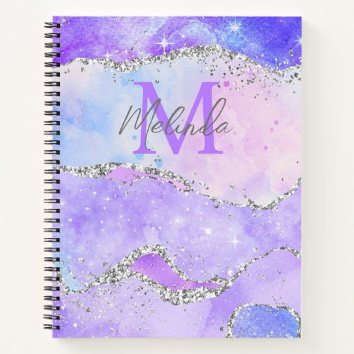Pastel Purple and Silver Glitter Sequins Agate Notebook
