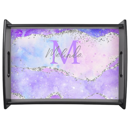 Pastel Purple and Silver Glitter Sequins Agate Serving Tray