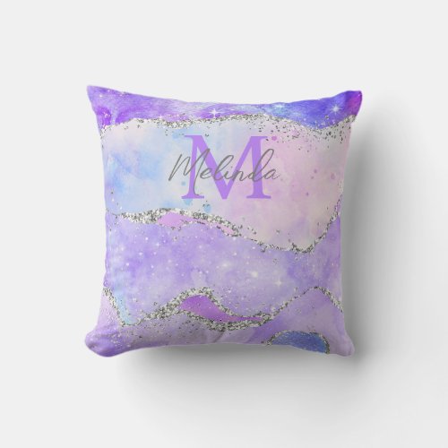 Pastel Purple and Silver Glitter Sequins Agate Throw Pillow
