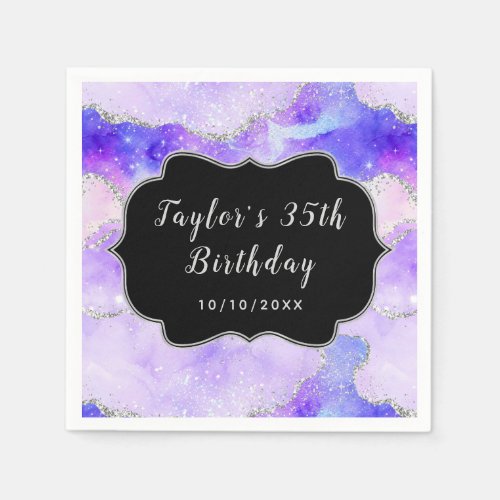 Pastel Purple and Silver Sequins Agate Birthday Napkins