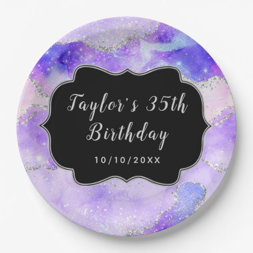 Pastel Purple and Silver Sequins Agate Birthday Paper Plates