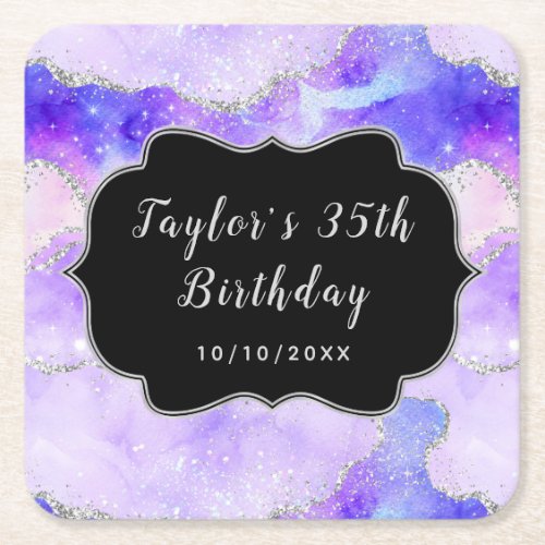 Pastel Purple and Silver Sequins Agate Birthday Square Paper Coaster