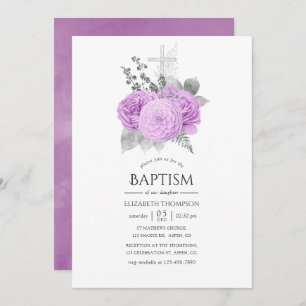 Pastel Purple and Silver Vintage Rose Baptism Invitation