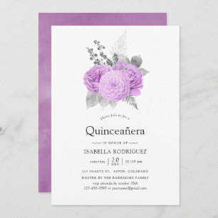 Pastel Purple and Silver Vintage Rose Quinceañera Invitation
