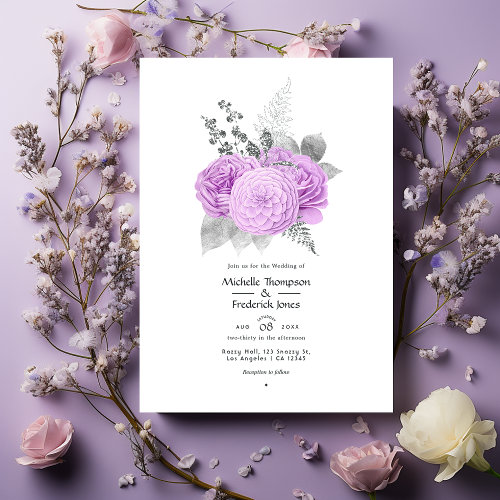 Pastel Purple and Silver Vintage Rose Wedding Invitation