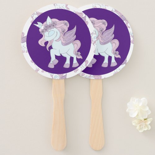 Pastel Purple and White Unicorns    Hand Fan