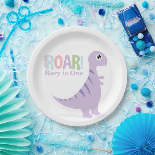 Pastel Purple Baby Dinosaurs Roar Birthday Party Paper Plates (Party)