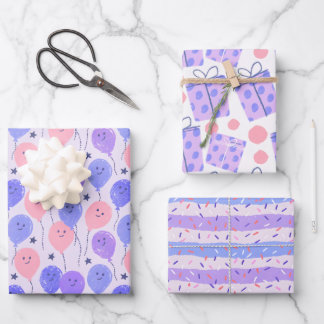Pastel Purple Balloon, Polka Dot, and Stripe Wrapping Paper Sheets