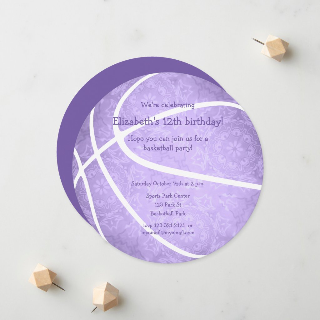 pastel purple basketball birthday sports party round invitation