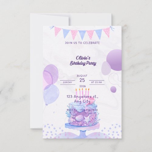 Pastel Purple Birthday Party Invitation - Editable