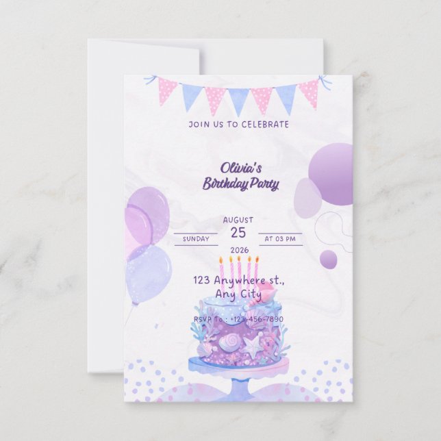 Pastel Purple Birthday Party Invitation - Editable (Front)