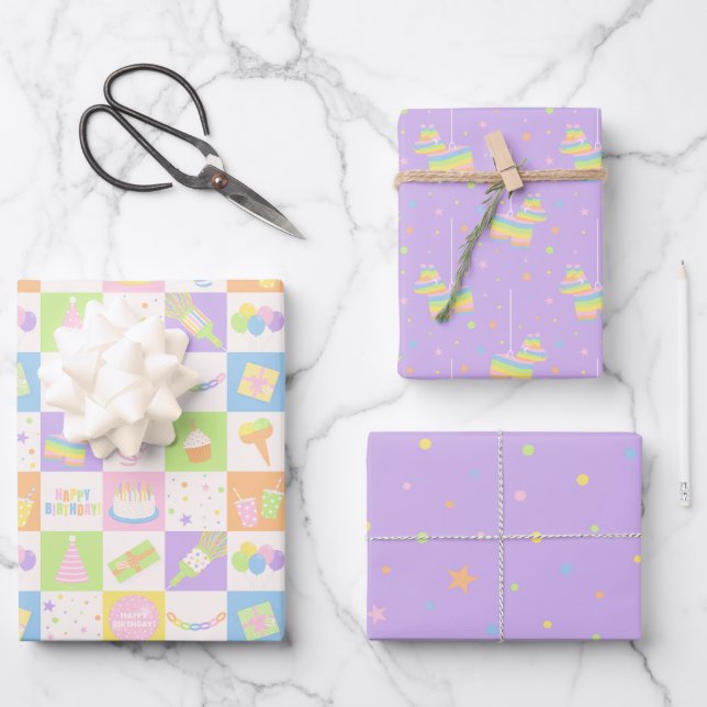 Pastel Purple Birthday Pattern Set Wrapping Paper Sheets (Front)