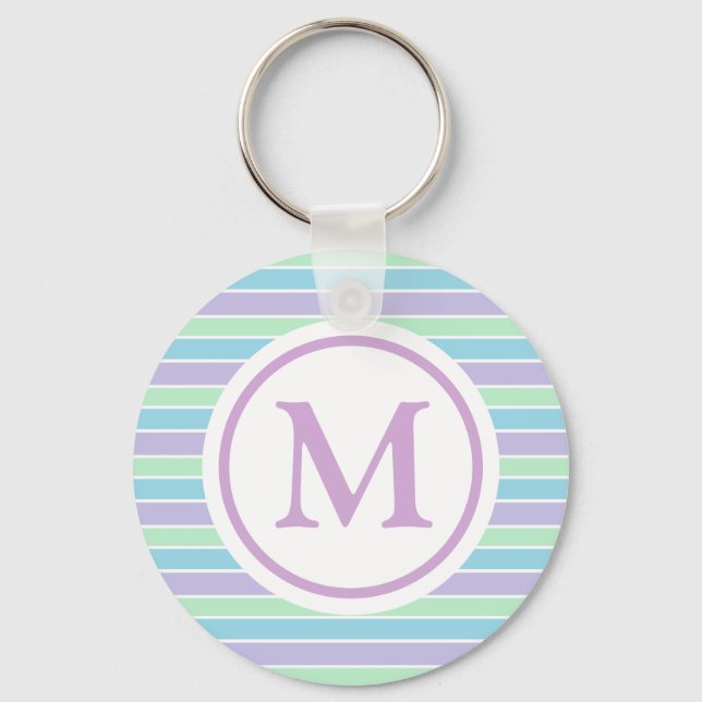 Pastel Purple Blue Green Stripes Monogram Keychain (Front)