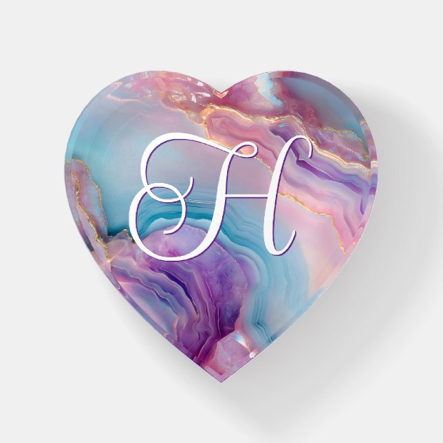 Pastel Purple Blue Pink Agate Monogram Paperweight (Front)