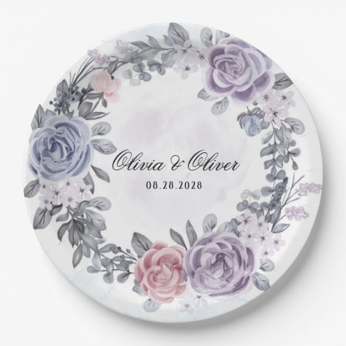 Pastel Purple Blue Pink Floral Wreath Wedding  Paper Plates