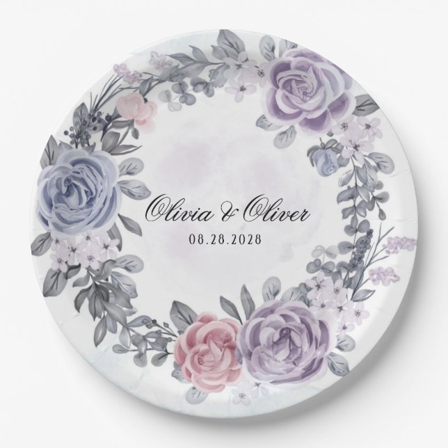 Pastel Purple Blue Pink Floral Wreath Wedding  Paper Plates (Front)