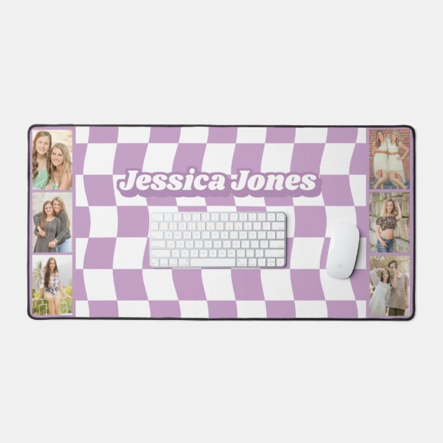 Pastel Purple Checkerboard Cute Name Photo Collage Desk Mat (Keyboard & Mouse)