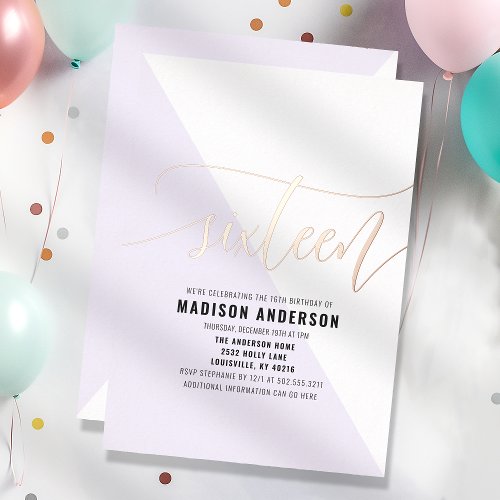 Pastel Purple Color Block Sweet 16 Birthday Party Foil Invitation