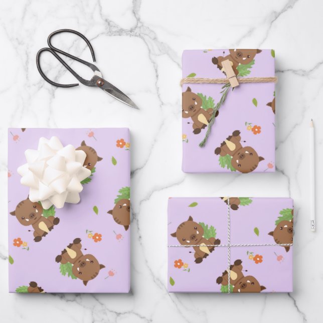 Pastel purple cute brown hedgehog pattern wrapping paper sheets (Front)