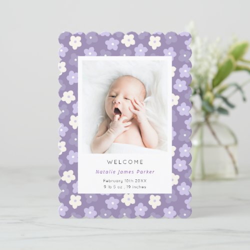 Pastel Purple Daisy Flower  Cute Simple Birth Announcement