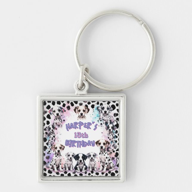 Pastel Purple Dalmatian Puppy Watercolor Birthday Keychain (Front)