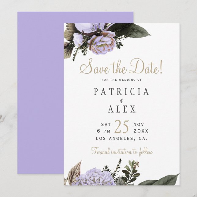 Pastel purple floral elegant wedding save the date (Front/Back)