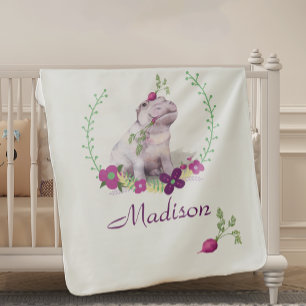 Pastel Purple Floral framed Baby Girl Cute hippo Blanket