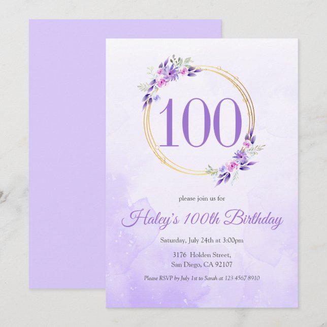 Pastel Purple Floral Golden Wreath 100th Birthday Invitation (Front/Back)