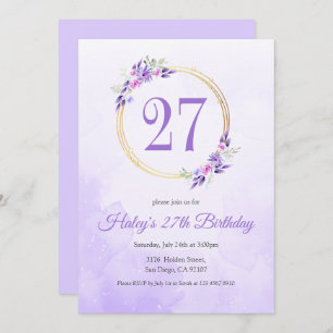 Pastel Purple Floral Golden Wreath 27th Birthday Invitation